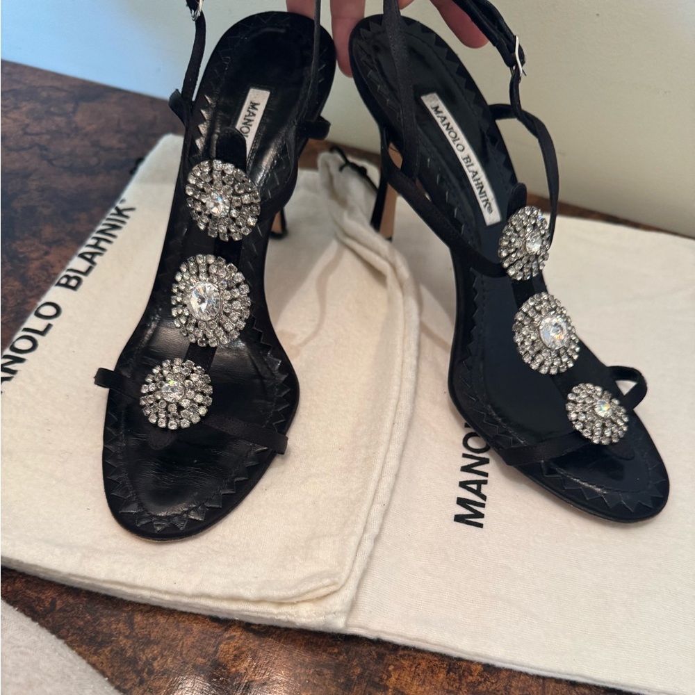 Manolo Blahnik Black Silk Crystal Embellished Heeled Sandal sz 39